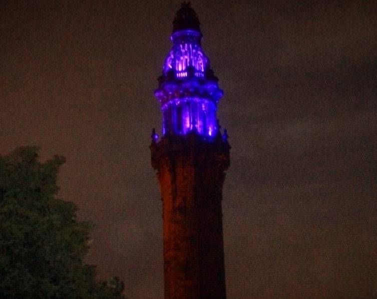 Wainhouse Tower lit up purple