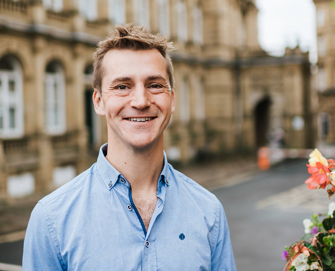 Cllr Josh Fenton Glynn outside Halifax Town Hall