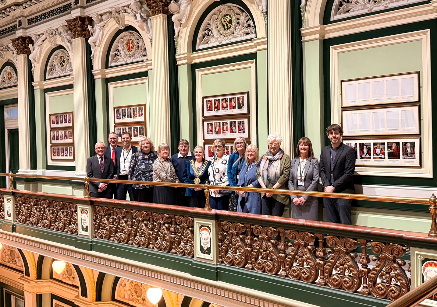 Long serving council staff with the Mayor of Calderdale, the Council's Deputy Leader and other senior leadership at Halifax Town Hall