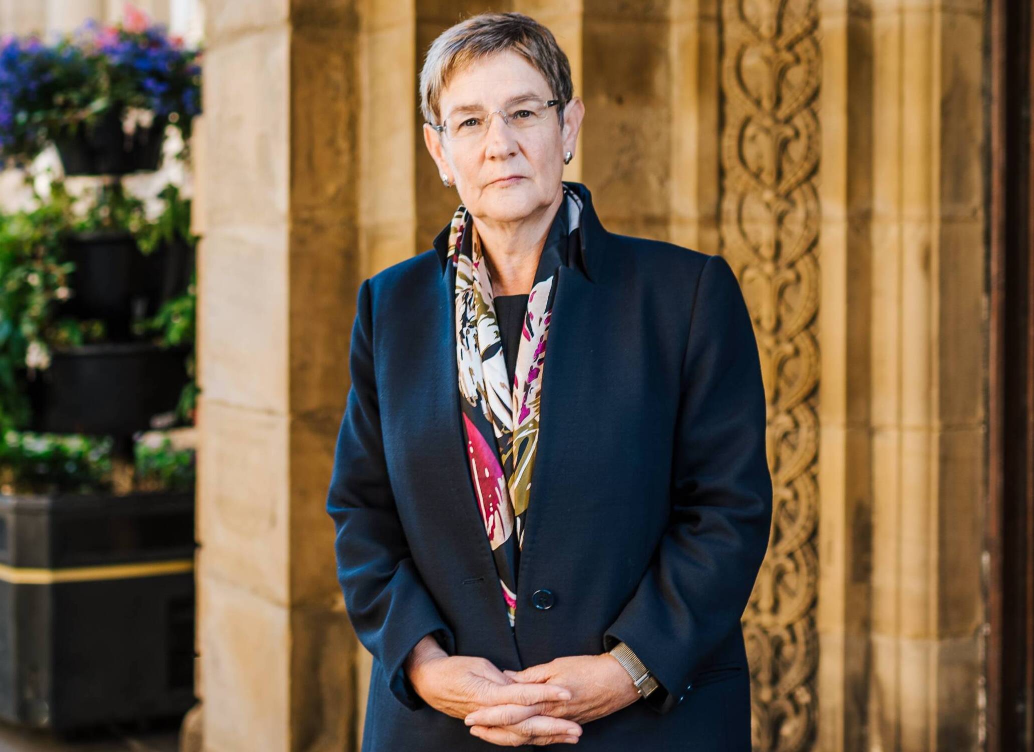 Cllr Jane Scullion outside Halifax Town Hall