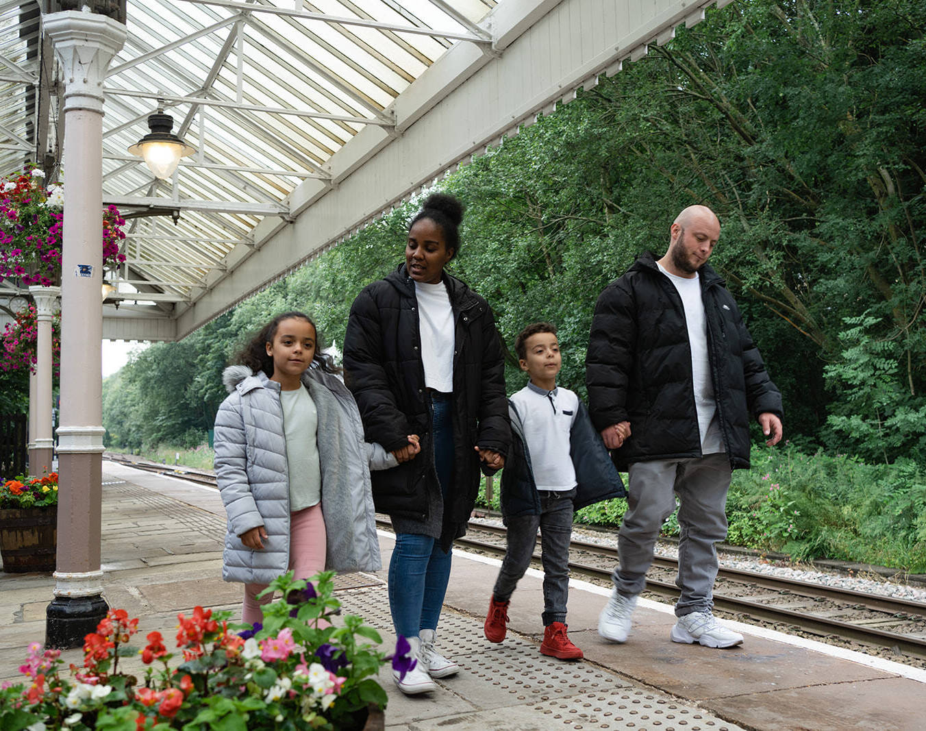 Family at train station