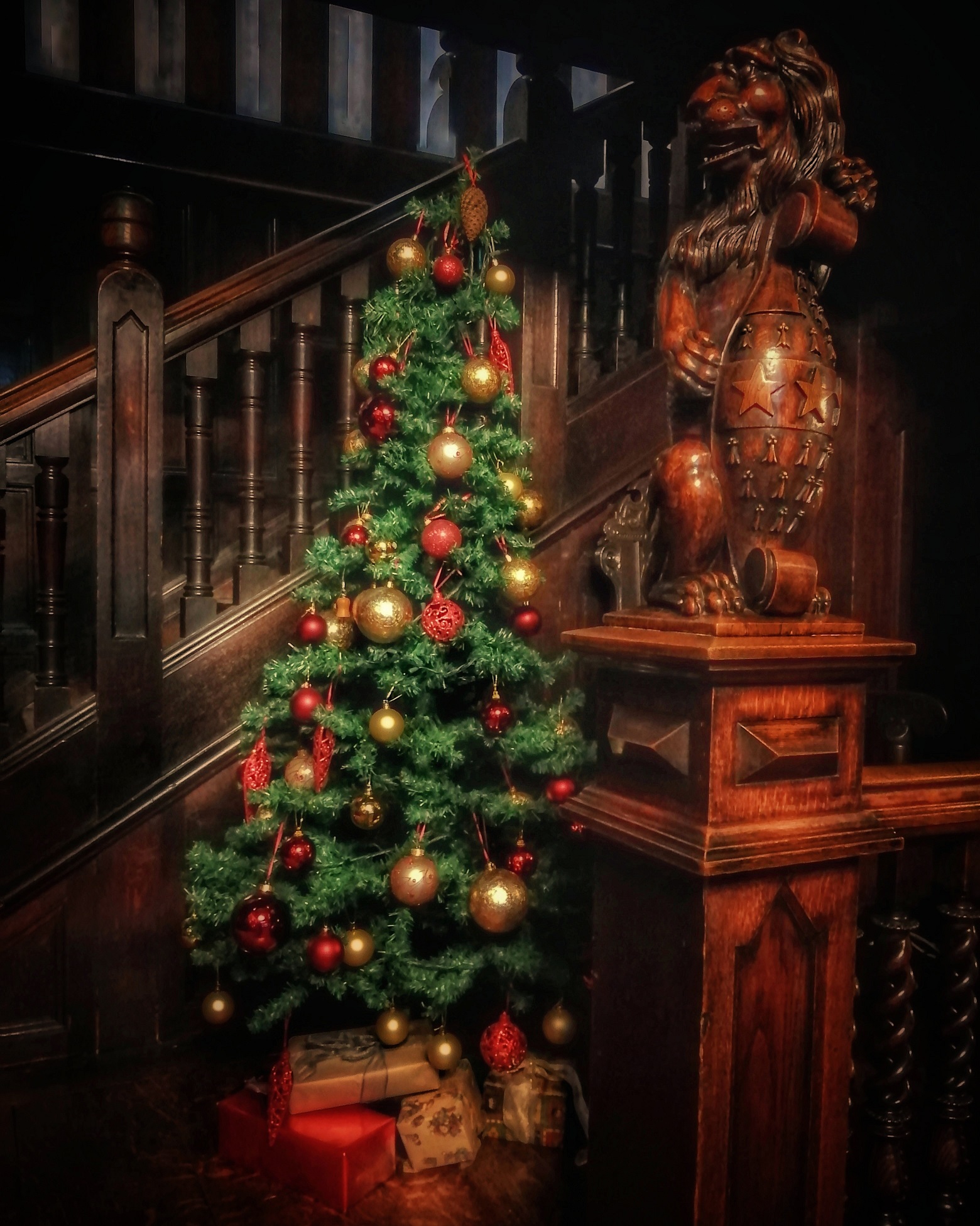 Christmas tree at the bottom of the stairs at Shibden Hall