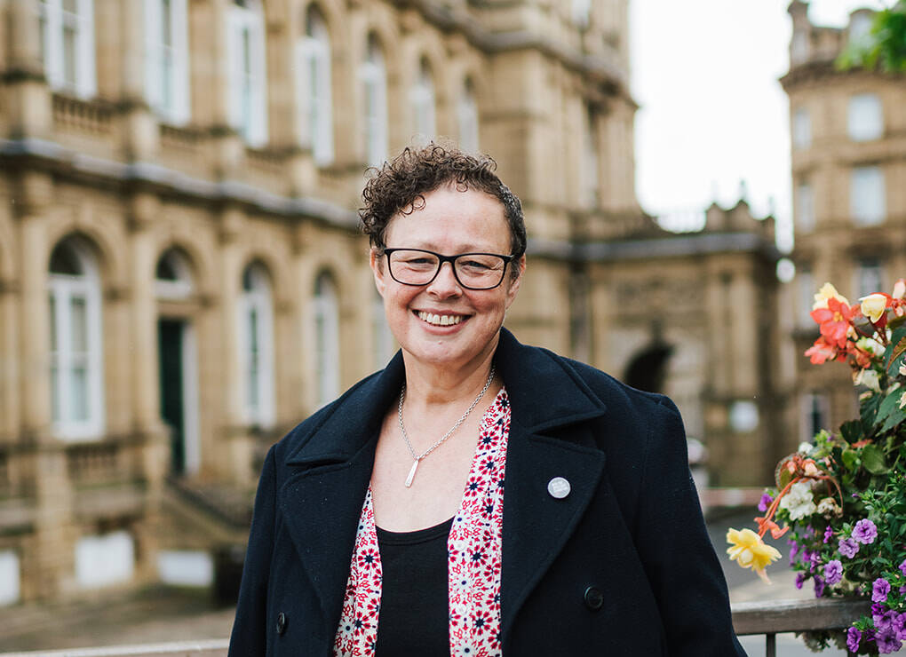 Cllr Sarah Courtney outside Halifax Town Hall