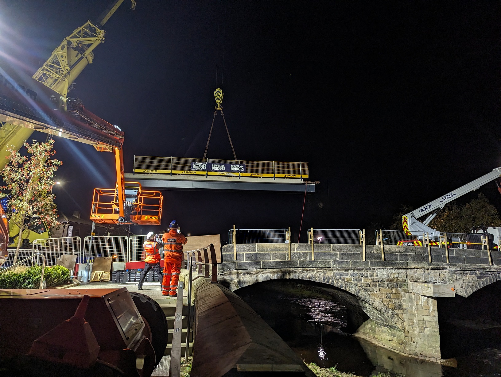 Bridge beams being lifted into place in Mytholmroyd