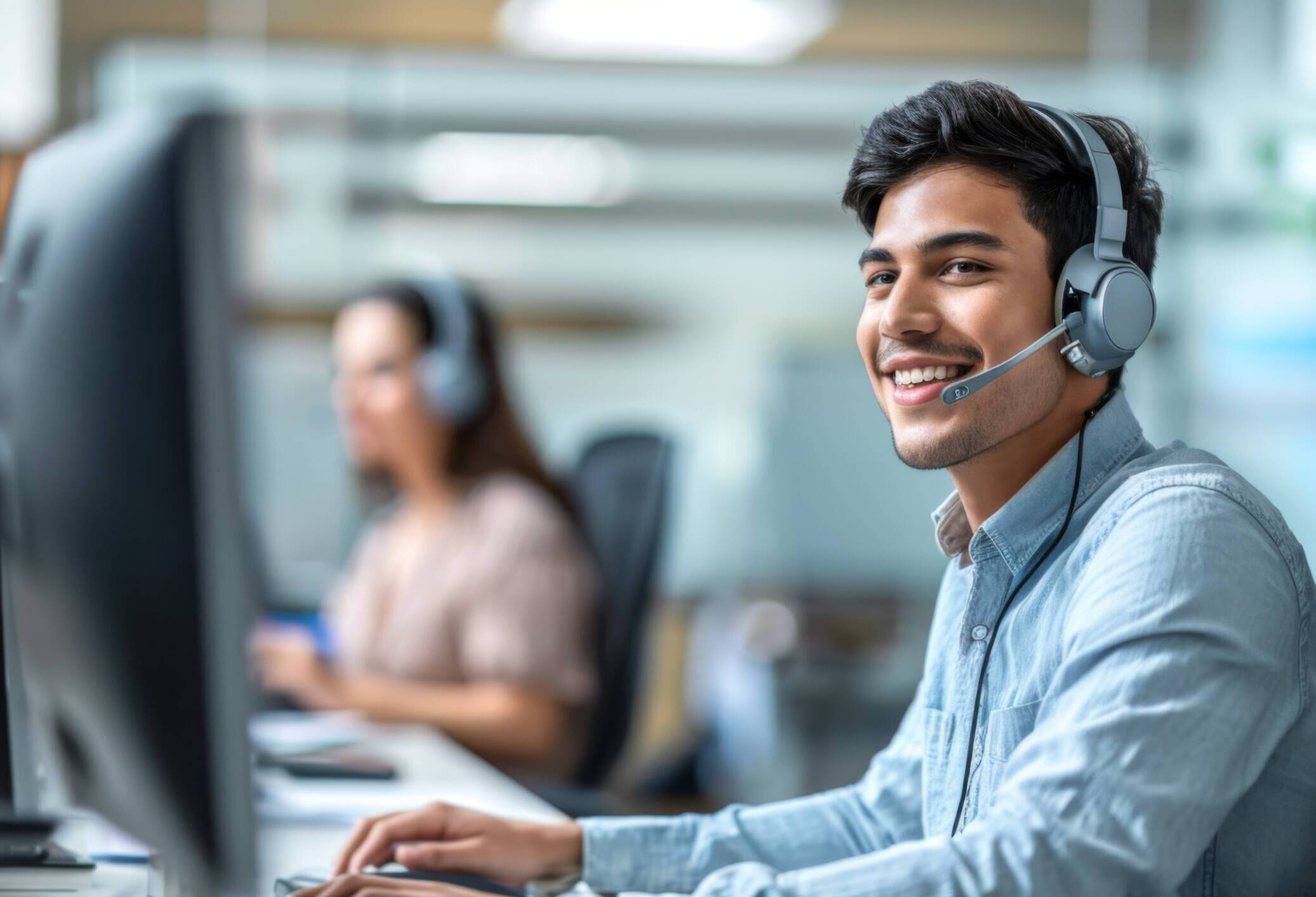 Young man with headset at computer