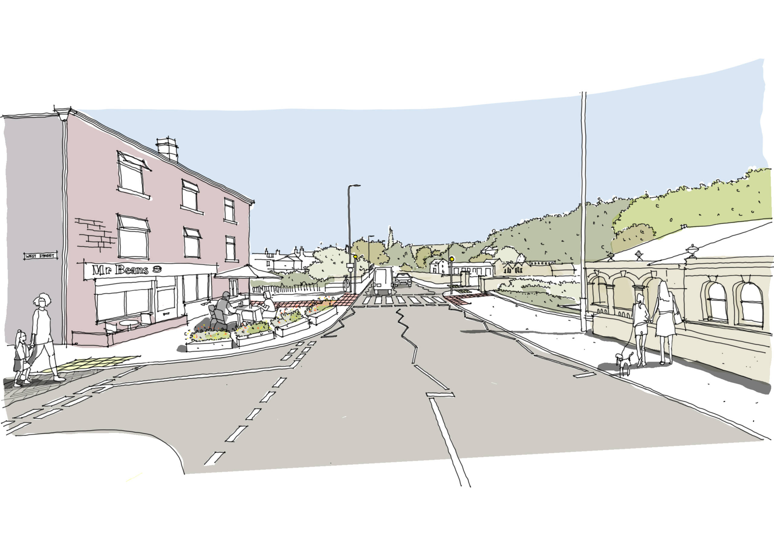 Illustration showing Mr Beans cafe in Todmorden