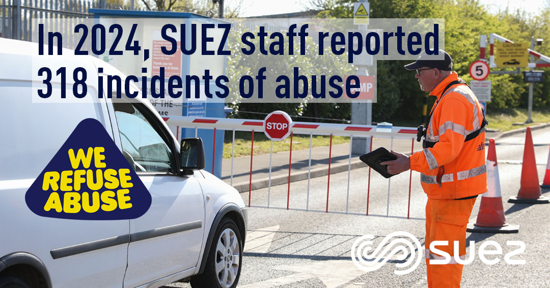 Suez campaign 'We Refuse Abuse', car approaching HWRC with man in high-vis