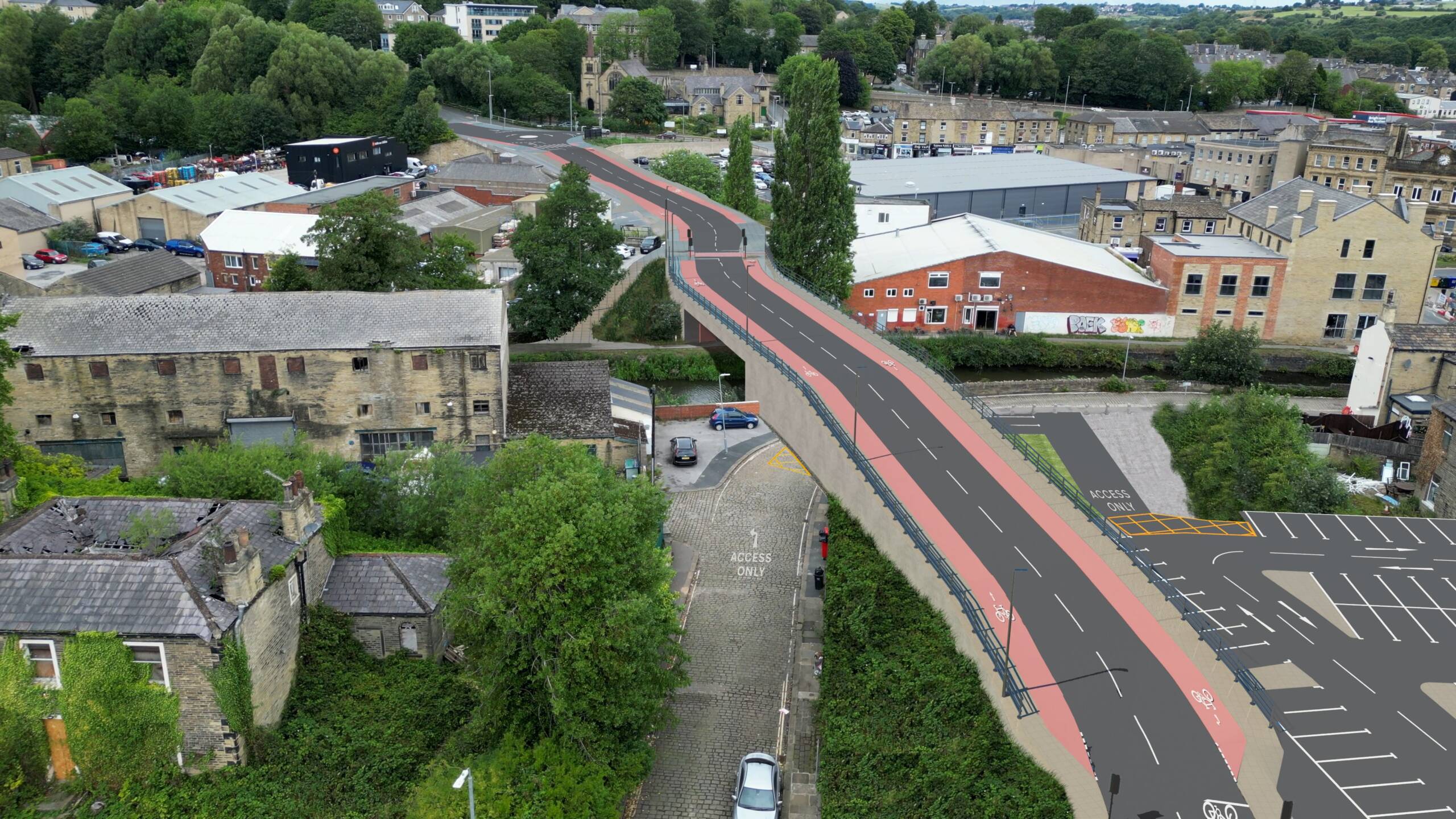 Visualisation of the proposed new bridge in Brighouse town centre looking north. Daisy Street car park is bottom-right of the image. Aldi supermarket is towards the top of the image.