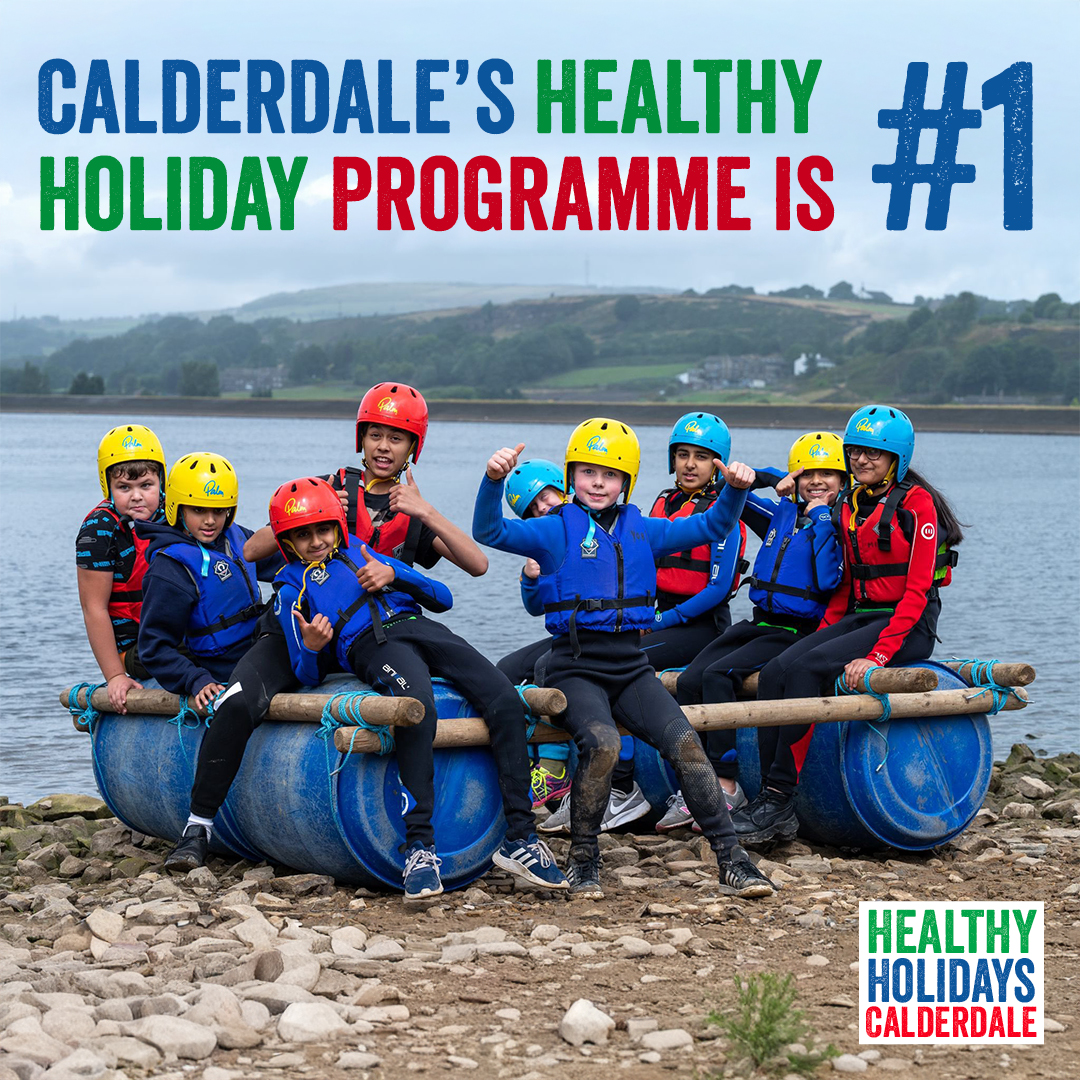 Image showing young people on raft with text Healthy Holidays programme is number 1