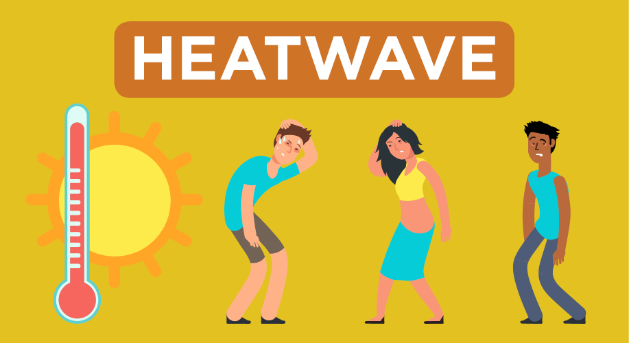 Heatwave graphic with cartoon people and thermometer showing high temperature